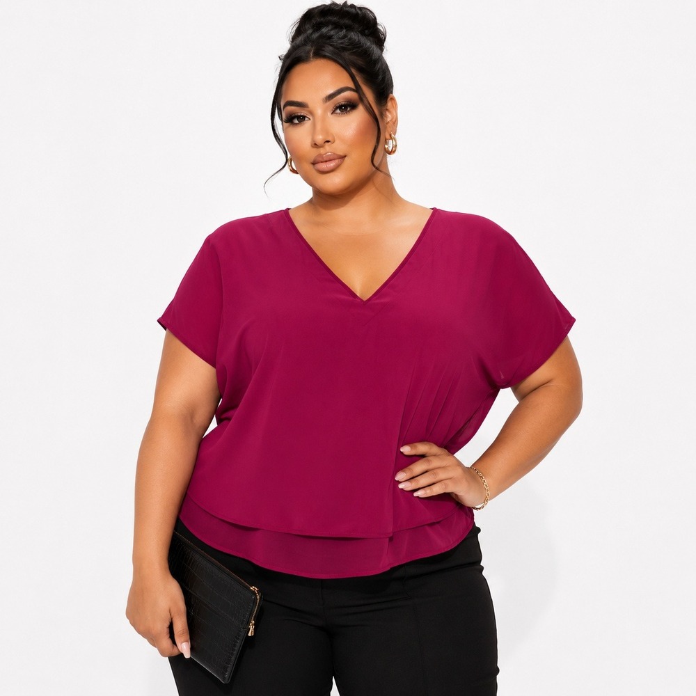La Serein Women Magenta Pink V-Neck Chiffon Layered Blouse 2X NWT